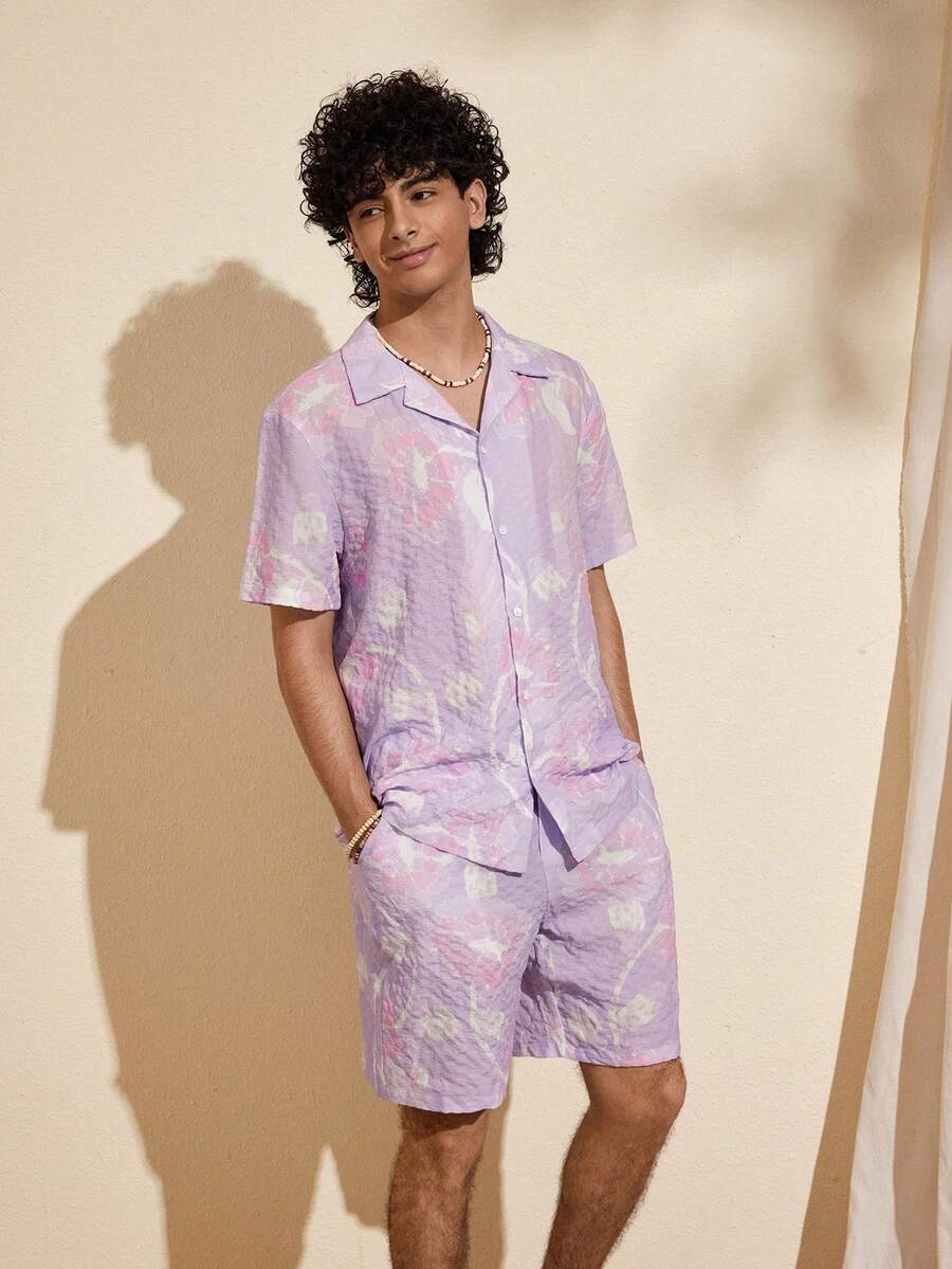Felipe Marques Conjunto de camisa de manga corta y pantalones cortos con estampado floral y de pájaros para hombre, de corte holgado, atuendo casual para vacaciones en primavera/otoño y fiestas en la playa - Púrpura malva - Ver 1