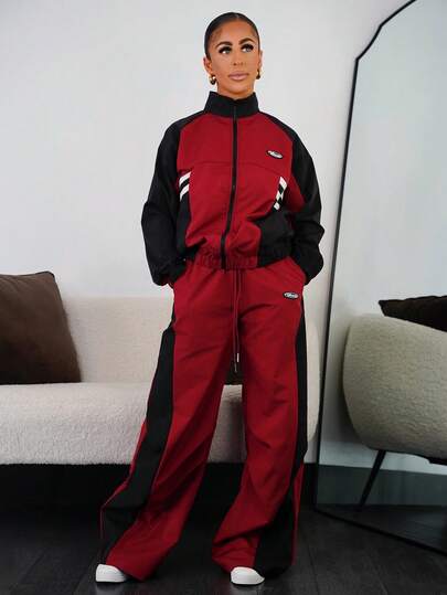 SAYEHFBABY 女士秋冬街头服饰外出复古时尚撞色健身运动黑红宽松外套和降落伞裤，2 件