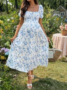 SHEIN Đầm bầu in hoa kiểu dáng thường ngày - Màu xanh lam - Xem 1