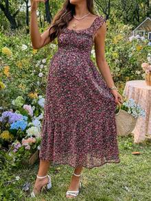 SHEIN 孕妇碎花甜心领荷叶边褶皱露背连衣裙，夏季度假风 - 彩色 - 查看 4