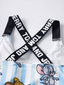 TOM & JERRY X SHEIN Tween Girl Cartoon Print Casual Jumpsuit Swimsuit - Blue and White - View 8