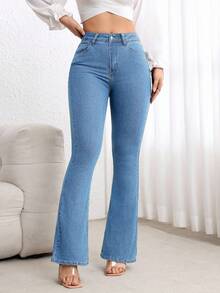 Flexra Women's Pocketed Flare Casual Versatile Jeans - Blue - View 6