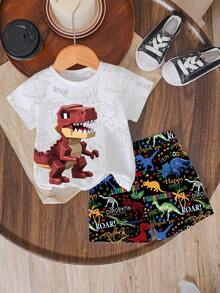 SHEIN Streecool Kids 2件組小男孩休閒椰子樹與漸層印花短袖T恤短褲套裝，舒適日常穿著，適合春夏、拍照、外出、禮物，時尚男孩休閒穿著，兒童圖案服飾，春夏套裝，新風格，輕鬆涼爽，春季氛圍，悠閒夏日假期 - 彩色 - 查看 6
