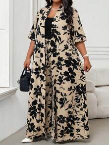 SHEIN Lady Bộ áo choàng và quần dài in hoa dành cho nữ cỡ lớn, kiểu dáng thường ngày, gồm 2 món. - Nhiều màu - Xem 3