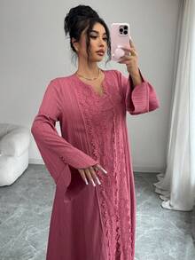 Al Najma Đầm Thổ Nhĩ Kỳ Ả Rập dài tay dáng rộng, thanh lịch, thoải mái, tối giản dành cho nữ, viền ren. - Hồng - Xem 1
