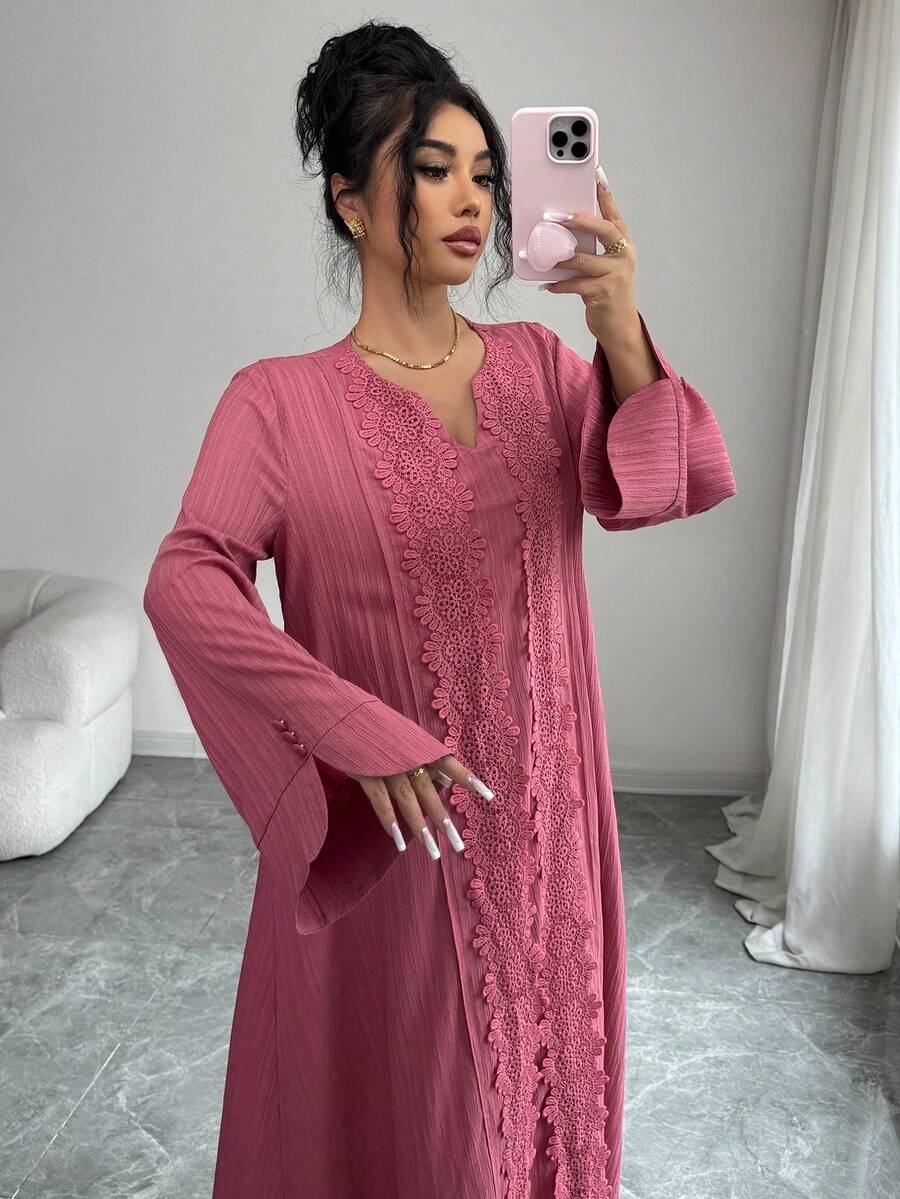 Al Najma 女士长袖宽松蕾丝边饰优雅舒适简约土耳其阿拉伯连衣裙 - 粉色 - 查看 1