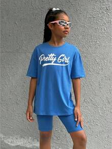 SHEIN Leap Crew Conjunto de Jersey con cuello redondo de manga corta y pantalones cortos de punto de moda callejera de primavera / verano para niña preadolescente - azul real - Ver 1