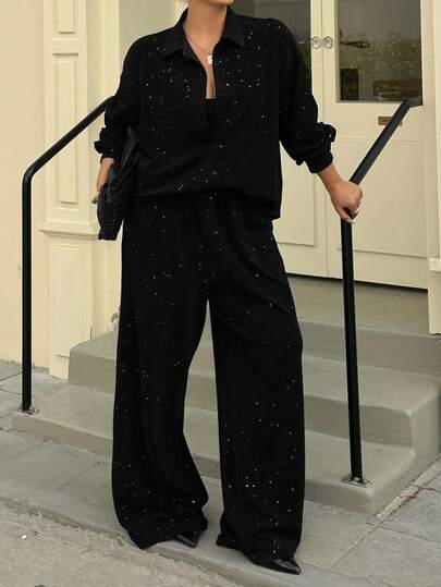 Dazy Plus Plus Size Women's Fashion Casual Vacation Style Solid Color Sequin Dropped Shoulder Loose Long Sleeve Shirt And Wide Leg Pants 2-Piece Set, Spring/Autumn