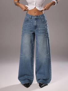 TRNVIE Y2K Fashion Casual Street Style Rivet Retro Low Waist Wide Leg Jeans - Medium Wash - View 4