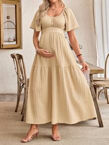 SHEIN Maternity A-Line Dress With Ruffle Sleeves, Bow Back Design - Apricot - View 3