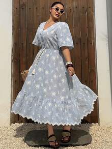 Dazy Plus Plus Size Striped Print Embroidered V-Neck Tassel Decor Short Sleeve Dress - Blue - View 4