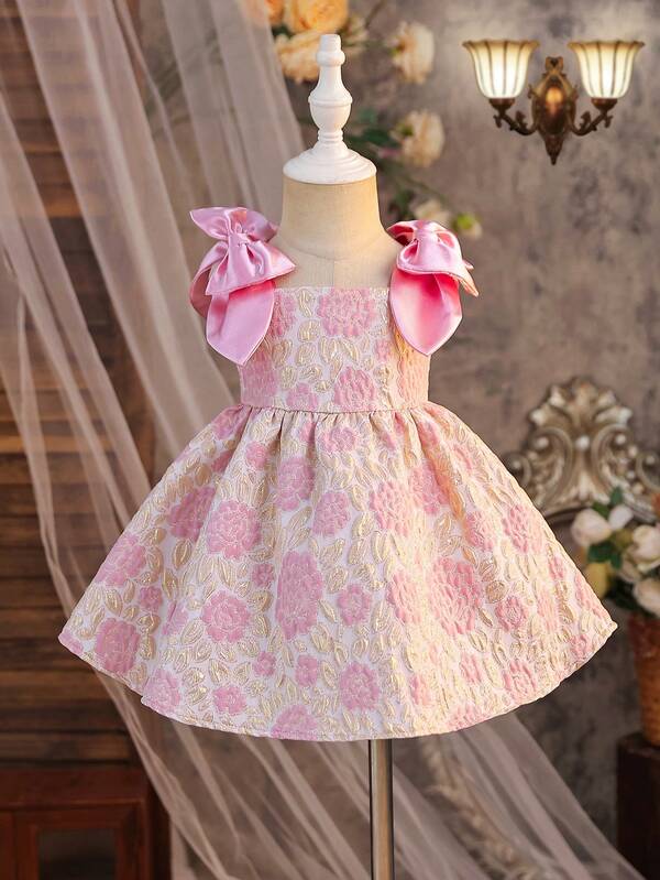 SHEIN 女婴碎花蝴蝶结吊带公主雪纺连衣裙