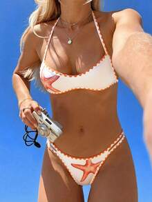 Swim Vcay Ladies Beach Music Festival Spring/Summer Sea Star Print Shell Flower Teeth Sexy Vacation Style Ladies Bikini Two Pieces Set - Multicolor - View 1