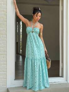 Sunnyshic Women's Minimalist Everyday Printed Maxi Dress - Mint Blue - View 5