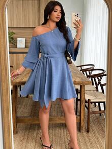Weeklong Vestido azul de línea A con volantes en los hombros asimétricos y mangas, para uso casual diario en tallas grandes - Neblina azul - Ver 5