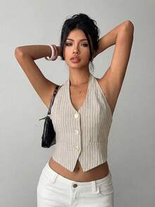 Aloruh 女士优雅纯棉无袖背心，性感深V领露背系带薄款西装外套，复古条纹单排扣装饰背心 - 杏色 - 查看 7