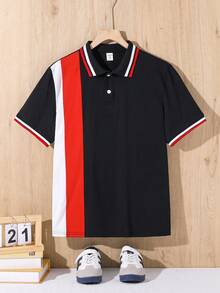 SHEIN 青少年男孩休閒條紋拼接針織寬鬆 Polo 衫 - 彩色 - 查看 3
