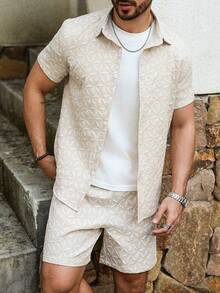 Manfinity Homme 男士休闲提花短袖衬衫短裤套装，休闲两件套，男士两件套短裤套装，奶油色男士套装，男士两件套夏季亚麻两件套，男士纹理两件套，男士复古风格，适合日常休闲、周末旅行、户外活动、探险旅行、轻松的工作环境或半正式场合，可作为男友/丈夫礼物、周年纪念/生日礼物、派对礼物、暑假礼物、新年礼物、婚礼礼物、情人节礼物。 - 杏色 - 查看 5