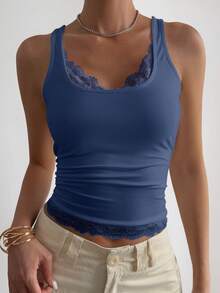 Livesso 蓝色镂空蕾丝拼接吊带背心，优雅百搭，适合音乐节、情人节、婚礼、休闲、海滩、通勤等场合。 - 藍色 - 查看 4
