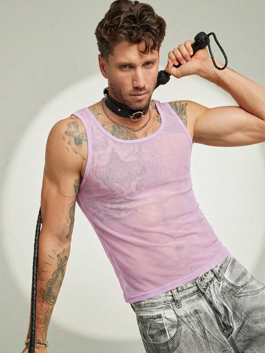 FeverCity Camiseta de tirantes transparente y sexy para fiesta y club para hombres - Morado - Ver 1