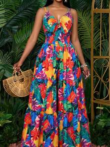 SOLERSUN 女士无袖热带印花褶皱系带前腰收紧阔腿连体裤，竹节拼接度假连体裤，镂空细节，适合海岛度假/海滩之旅（随机花卉图案） - 彩色 - 查看 7