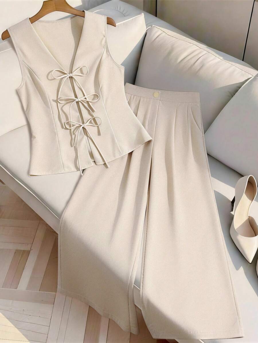 Franclia Women's Casual Fashionable Young Minimalist Versatile Commuting Sleeveless Vest With Drawstring Waist & Bow Tie, Straight Leg Pants 2-Piece Set, Spring/Summer Cream Outfit Women Cream Two Piece Set Elegant Two Piece Set Beige Two Piece Set Sets For Women Elegant - Apricot - View 1