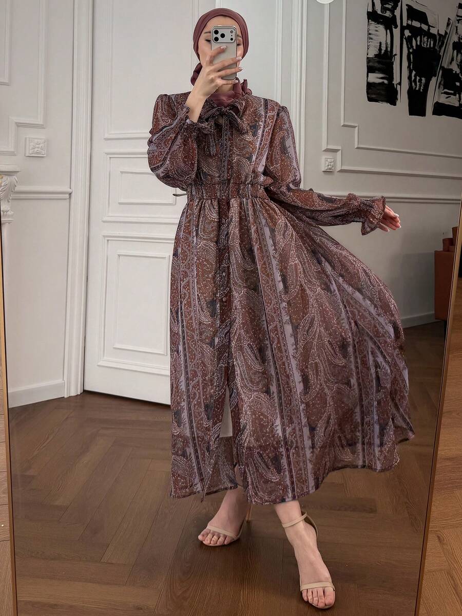 DAZY Đầm midi nữ kiểu vintage, tay lửng, thắt eo, cổ xếp ly. - màu nâu - Xem 1