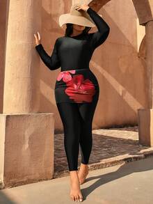 SHEIN Swim Plus Size 3-Piece Set,Black Long Pants,Sleeve Crew Neck Top&Red Flower Patterned Skirt,Modest Middle Eastern Burkini Swimwear Set,Summer,Beach,Holiday - Multicolor - View 4