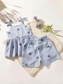 Conjunto de camiseta de tirantes con volantes y shorts con estampado de rayas y lazo para niña - Azul - Ver 1