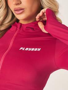Missguided x Playboy Women's Long Sleeve Fitted Hooded Zip Up Sports Jacket With Logo Print Perfect For Active Lifestyle And Casual Wear - Hot Pink - View 5