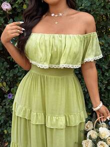 Sunnyshic Woven Fabric Plus Size Green Casual Shirred Off The Shoulder Long A Line Dress Featuring Cold Shoulder Short Sleeves And Flared Hem - Green - View 7
