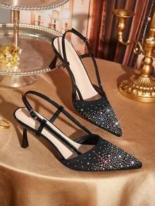 CUCCOO TILAWA Colored Rhinestone High Heel Empty Women's Shoes - Black - View 1