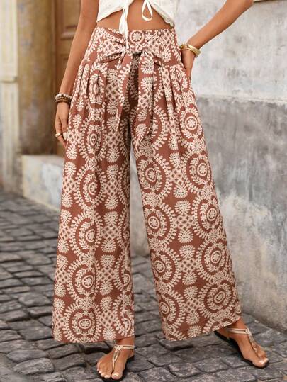 Brillora Women's All-Over Print Pleated Casual Versatile Wide Leg Pants For Daily Wear,Vacation,Vacation Style,BOHO,BOHO Style,Women's Elegant Romantic Elastic Waist Pants, Spring/Summer Boho Pants Boho Two Piece Set Wide Leg Summer Pants Palazzo Pants Women Women Wide Leg Pants,Plain/Plaid/Striped/Casual