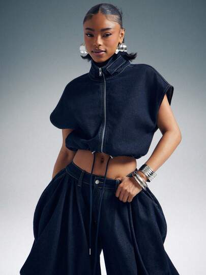 Denimoi 高领拉链牛仔背心 时尚牛仔上衣 牛仔套装 收腰牛仔上衣