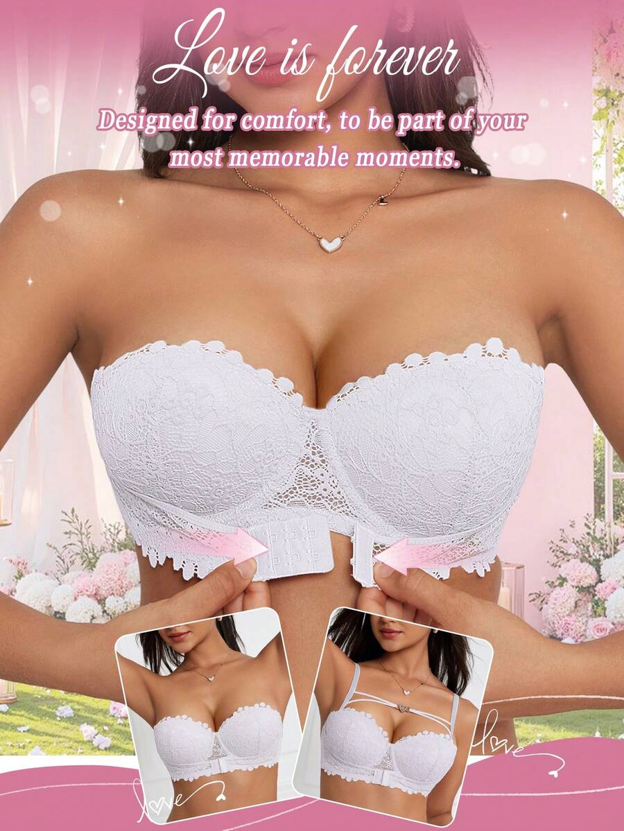 DesireSculpt 1pc Women's Sexy Lace Underwire Front Closure Push-Up Bra, White - White - View 1