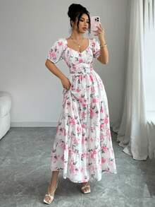 SHEIN Elenzya 女士玫瑰图案露肩/常规肩两穿设计收腰A字优雅日常/度假通勤时尚约会法式街头复古假日百搭早春/春夏白色底粉色花卉印花新款长裙 - 彩色 - 查看 4