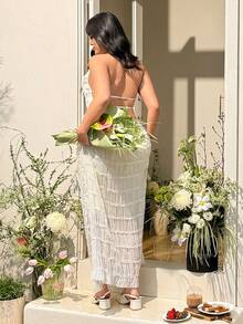 SHEIN EZwear 波西米亚波浪纹吊带露背吊带衫和荷叶边长裙两件套，大码，浪漫度假风，春夏款 - 米色 - 查看 2