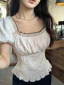 DAZY 女士撞色波点印花方领短袖衬衫夏季娃娃衫 - 白色 - 查看 6