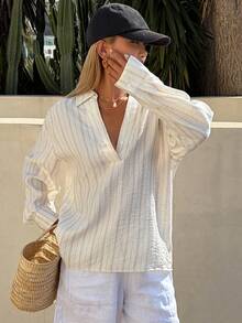 DAZY 女士宽松条纹衬衫，带领，春季款 - 杏色 - 查看 4