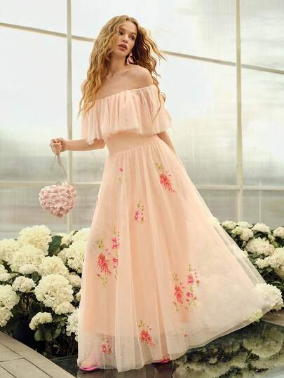 MOTF PREMIUM VESTIDO DE MUJER CON VOLANTES ROMÁNTICOS HOMBROS DESCUBIERTOS Y CINTURA ACAMPANADA, PRIMAVERA/VERANO