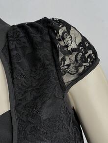 EgrlEra 女士优雅蕾丝拼接设计休闲衬衫，清新怡人，适合春夏日常穿着 - 黑色 - 查看 3