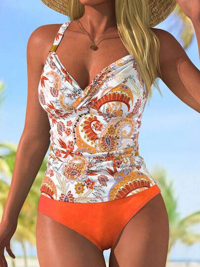 Swim Lushoire Swim Lushore Swim Women's 2 Pieces Paisley PatternShoulder Strap Tankini With Metal Buckle + Solid High-Waisted Triangle Bottom Vacation Swimwear Set Spring Vacation