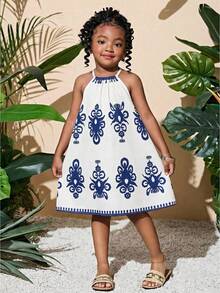 Young Girl Vacation Summer Totem Tropical Plant & Floral Pattern Halter A-Line Dress - Blue and White - View 1
