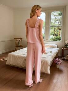 Snug Reverie Women's Sleeveless Top With Wide Straps & Ruffle Hem And Pants Pajama Set - Pink - View 2