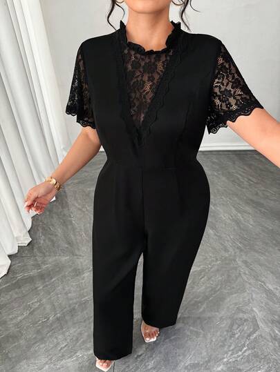 Elenzga Plus Size Women's Elegant Lace Patchwork V-Neck Short Sleeve Black Jumpsuit, Suitable For Spring, Valentine's Day, New Year