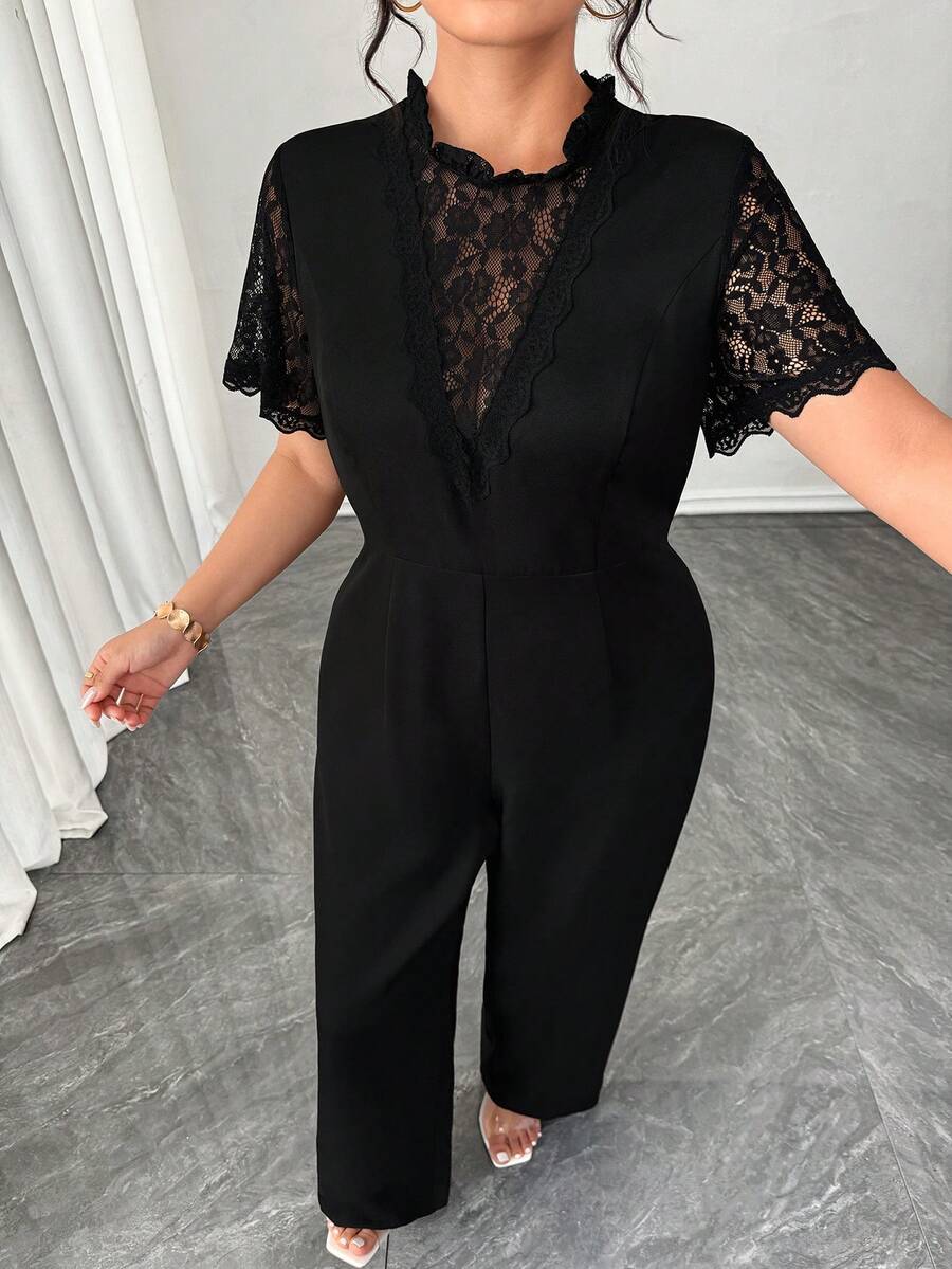 Elenzga Bộ jumpsuit đen tay ngắn cổ chữ V phối ren sang trọng dành cho nữ cỡ lớn, thích hợp cho mùa xuân, ngày Valentine, năm mới. Jumpsuit đen dành cho người có thân hình đầy đặn, jumpsuit ren dành cho nữ cỡ lớn. - màu đen - Xem 1