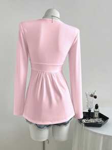 Elamini 休闲百搭蕾丝深V领长袖上衣，秋冬款 - 淺粉色 - 查看 2