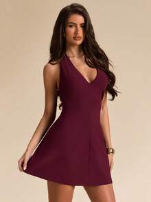 SHEIN BAE Women's Solid Purple Casual Halter A-Line Elegant Mini Dress, Purple Mini Dress, Minimalist Versatile Mini Dress, Date Dress, Sisterly Gathering Dress Deep V Neck Dress Wine Dress Cocktail Dress - Purple - View 6
