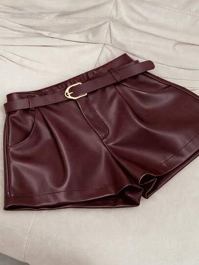 Airaco Pantalones cortos de moda sueltos de unicolor de piel de PU con bolsillo para mujer de talla grande