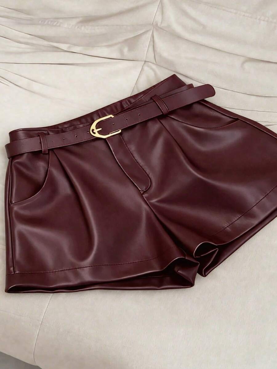 Airaco Quần short nữ cỡ lớn màu trơn bằng da PU, dáng rộng, có túi, thời trang. - Màu Đỏ Sâu - Xem 1